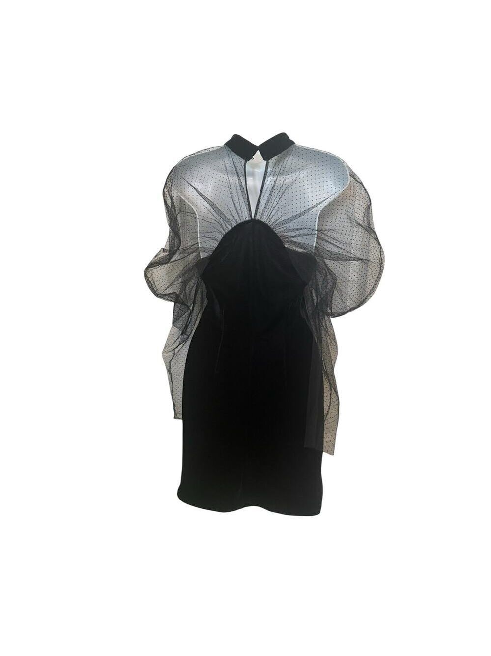 Zara NWOT Unusual Black Velvet w/Spotted Net Sleeves & Collar Party Dress S